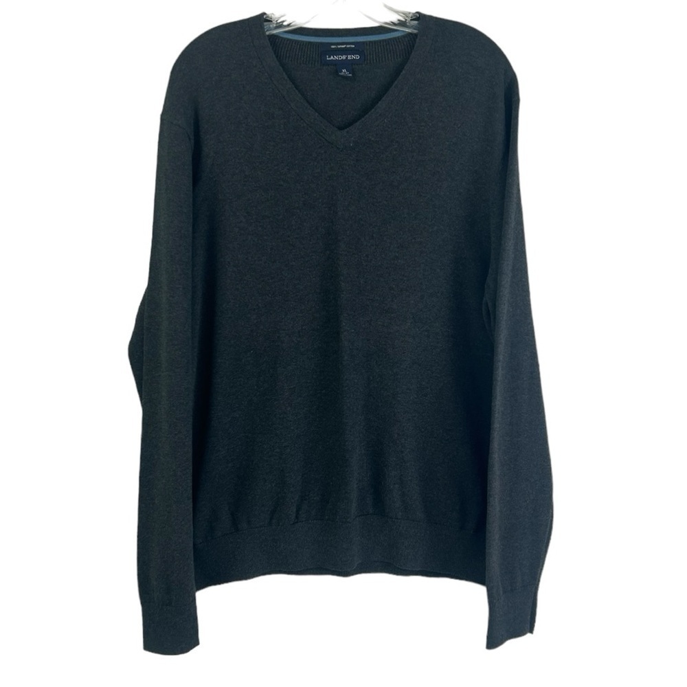 Lands’ End Mens SZ XL Supima Cotton Gray Long Sleeve V-Neck Lightweight Sweater
